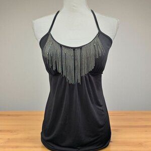Urban Outfitters ✦ Chain Fringe Halter Top ✦ Black w/ Smocked Back & Tie Neck S